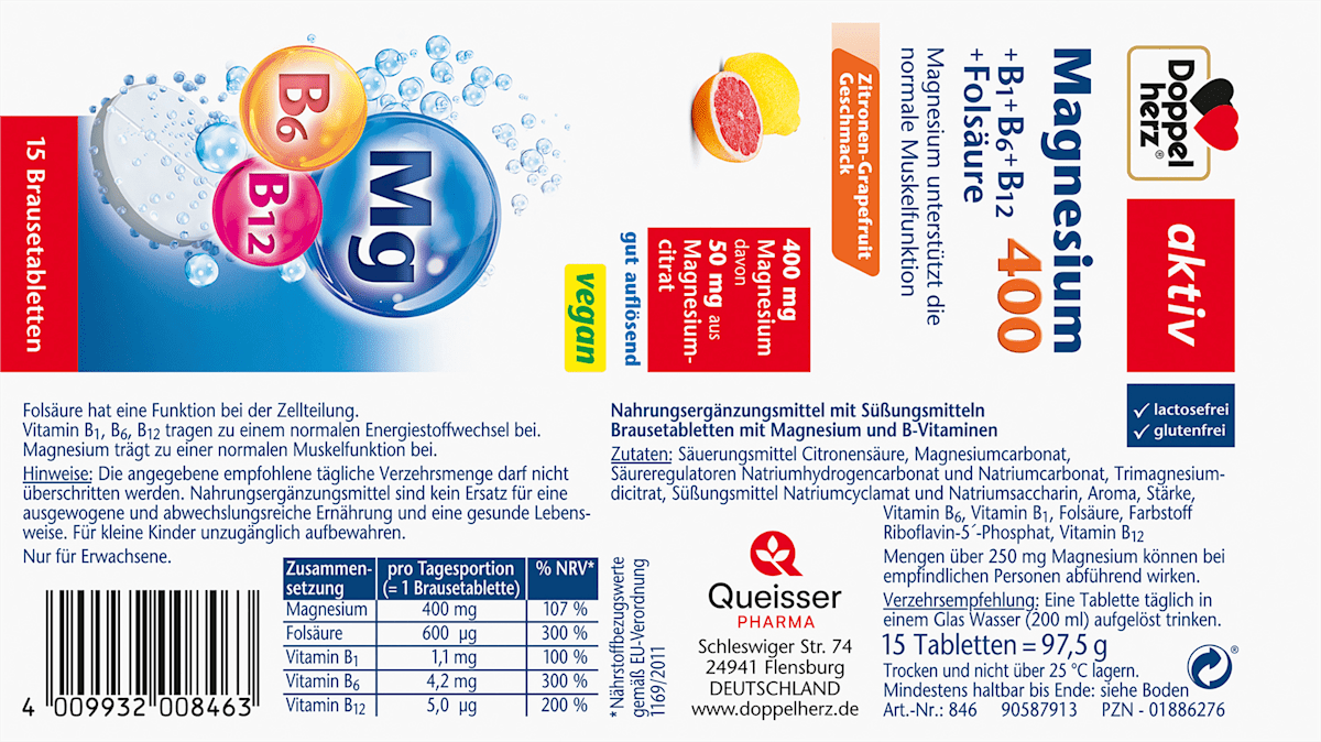 Comprimidos efervescentes de magnésio 400 + vitamina B6 + B12 + ácido fólico 