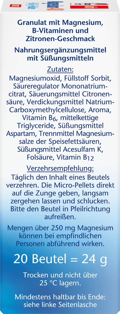 Magnésio 400 + vitamina B6 + B12 + ácido fólico granulado 