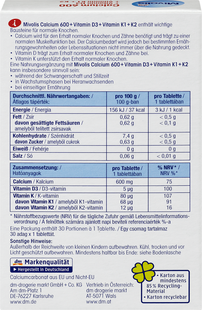 Calcium 600 + Vitamin D3 + K1 + K2