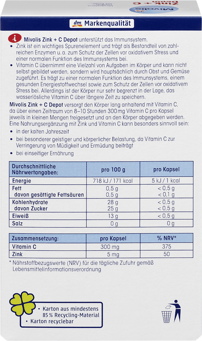 Cápsulas de depósito de Zink + Vitamina C