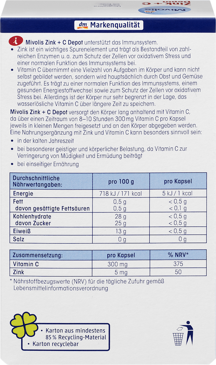 Cápsulas de depósito de Zink + Vitamina C